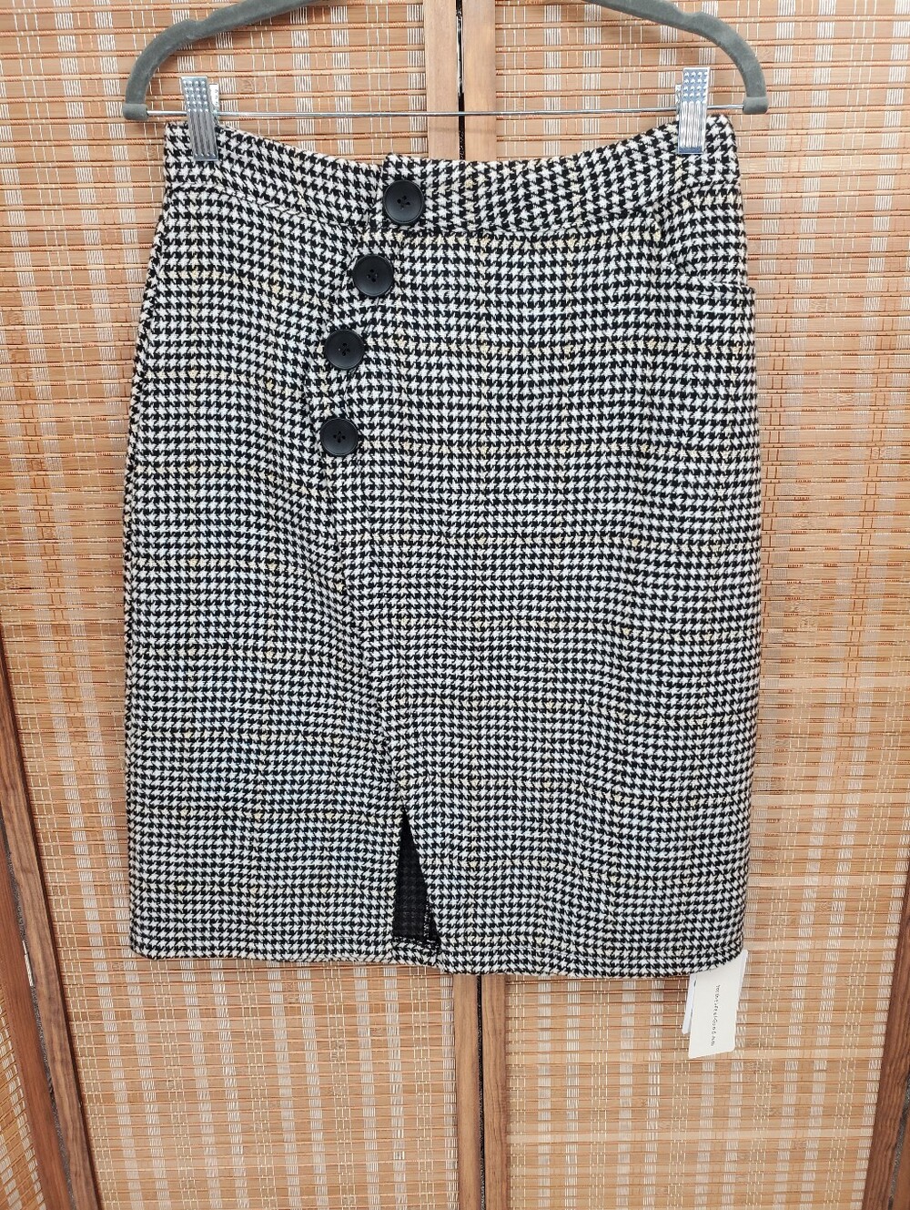 ☆ Commense Houndstooth Tweed Asymmetric Button Skirt Size Large Black White Tan
